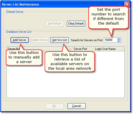 Default Server List Maintenance Dialog with no Defined Servers