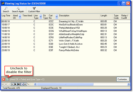 Log Status with a Filter Applied