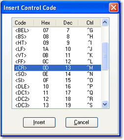 Control code insertion dialog