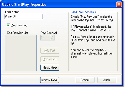 Start Play task for playing from the log