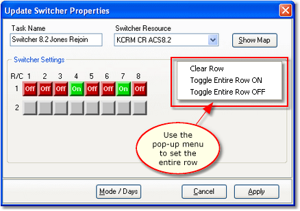 Update Switcher task - change entire row pop-up menu displayed